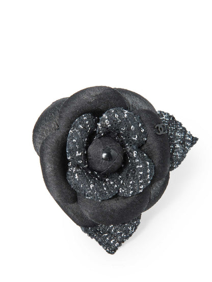 Chanel CC Logo Tweed Silk Camellia Brooch Black White