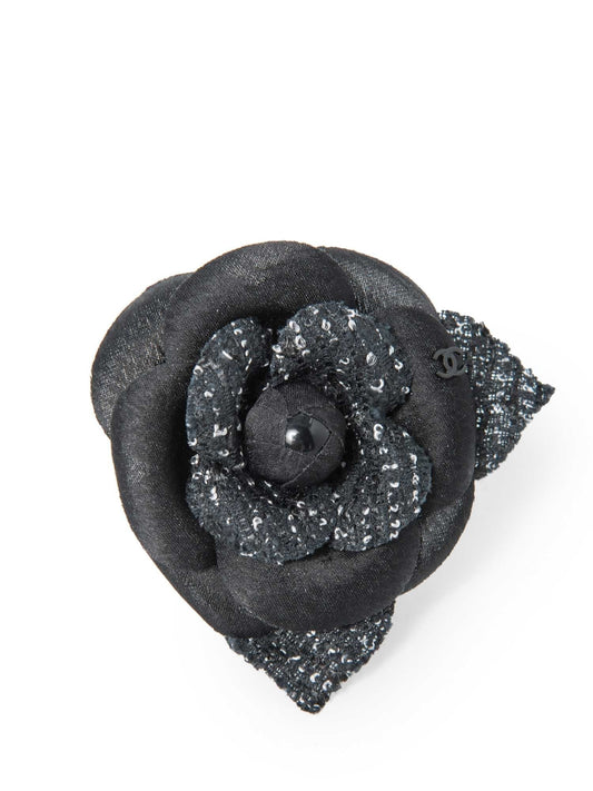 Chanel CC Logo Tweed Silk Camellia Brooch Black White