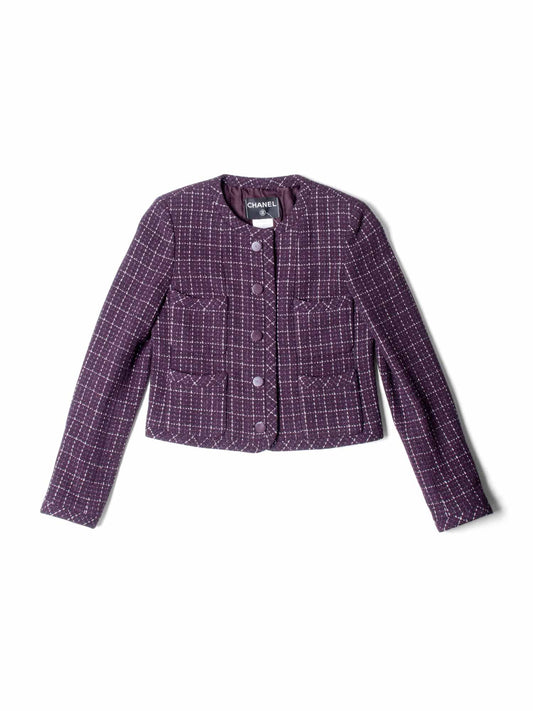 CHANEL CC Logo Tweed Sparkly Fitted Jacket Burgundy-designer resale