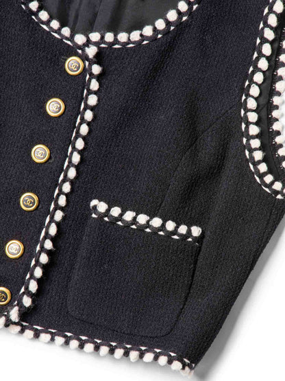 Chanel CC Logo Tweed Wool Fringe Vest Black White