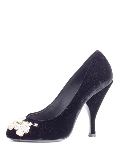 Chanel CC Logo Velvet Crystal Heels Black