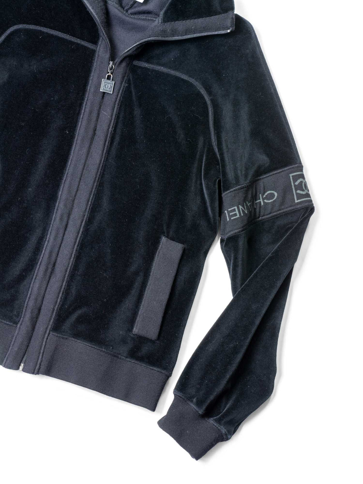 Chanel CC Logo Velvet Zip Up Sweatshirt Black