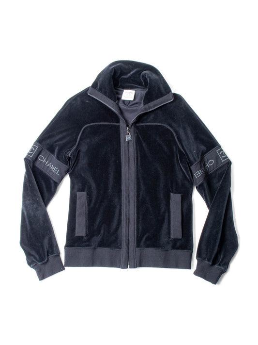 CHANEL CC Logo Velvet Zip Up Sweatshirt Black-designer resale