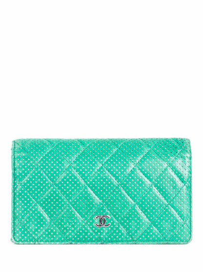 Chanel CC Logo Vintage Perforated Quilted Leather Wallet Green
