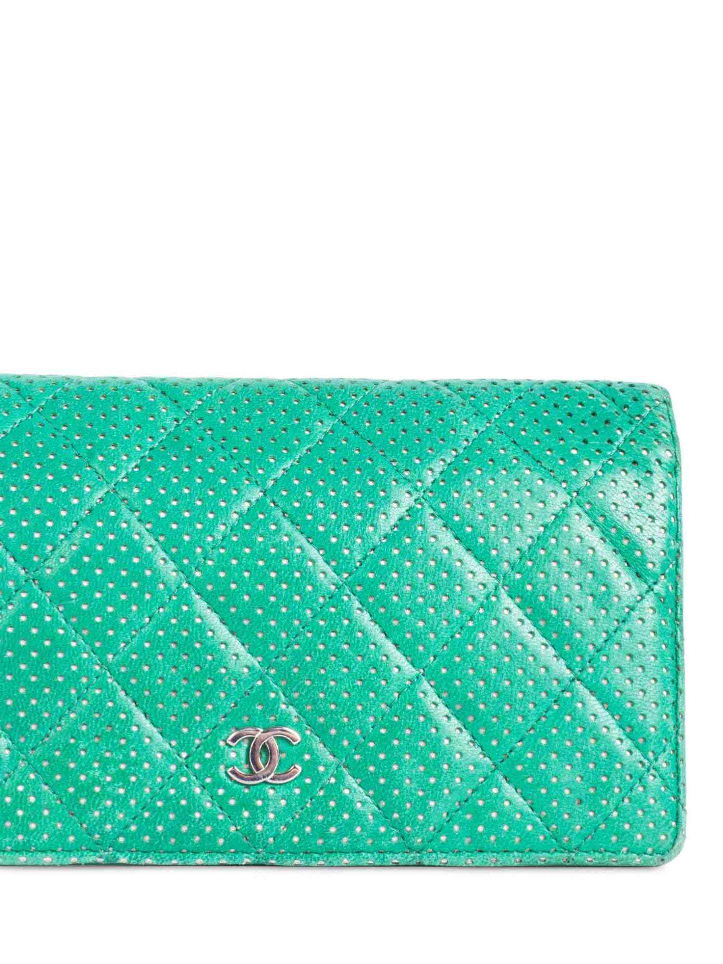 Chanel CC Logo Vintage Perforated Quilted Leather Wallet Green
