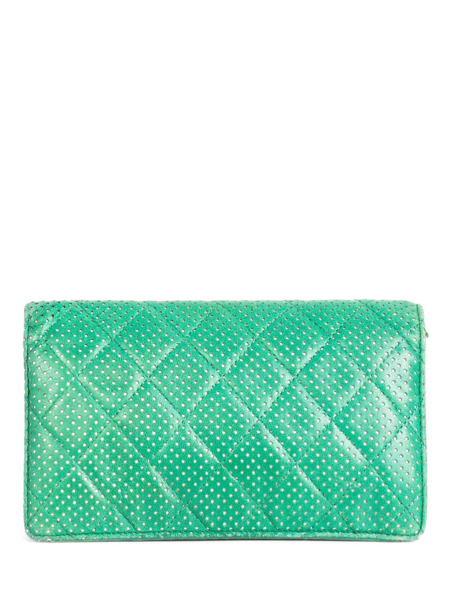 Chanel CC Logo Vintage Perforated Quilted Leather Wallet Green