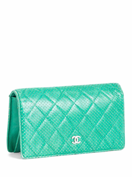 Chanel CC Logo Vintage Perforated Quilted Leather Wallet Green