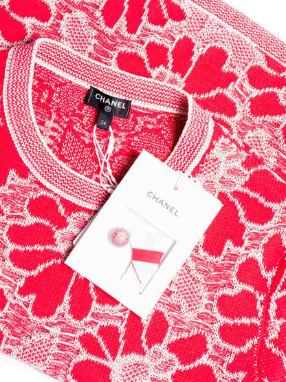 Chanel CC Logo Wool Cotton Floral Eyelet Embroidered Top Pink White