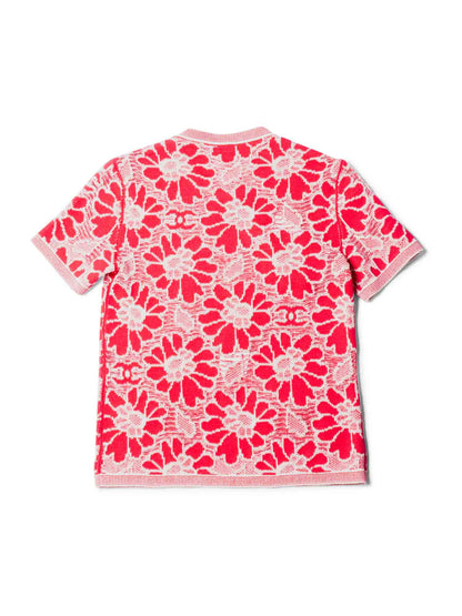 Chanel CC Logo Wool Cotton Floral Eyelet Embroidered Top Pink White