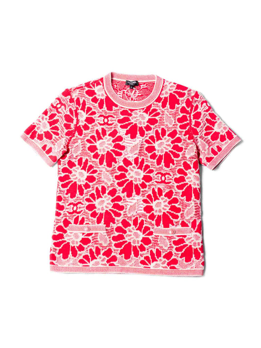 CHANEL CC Logo Wool Cotton Floral Eyelet Embroidered Top Pink White-designer resale