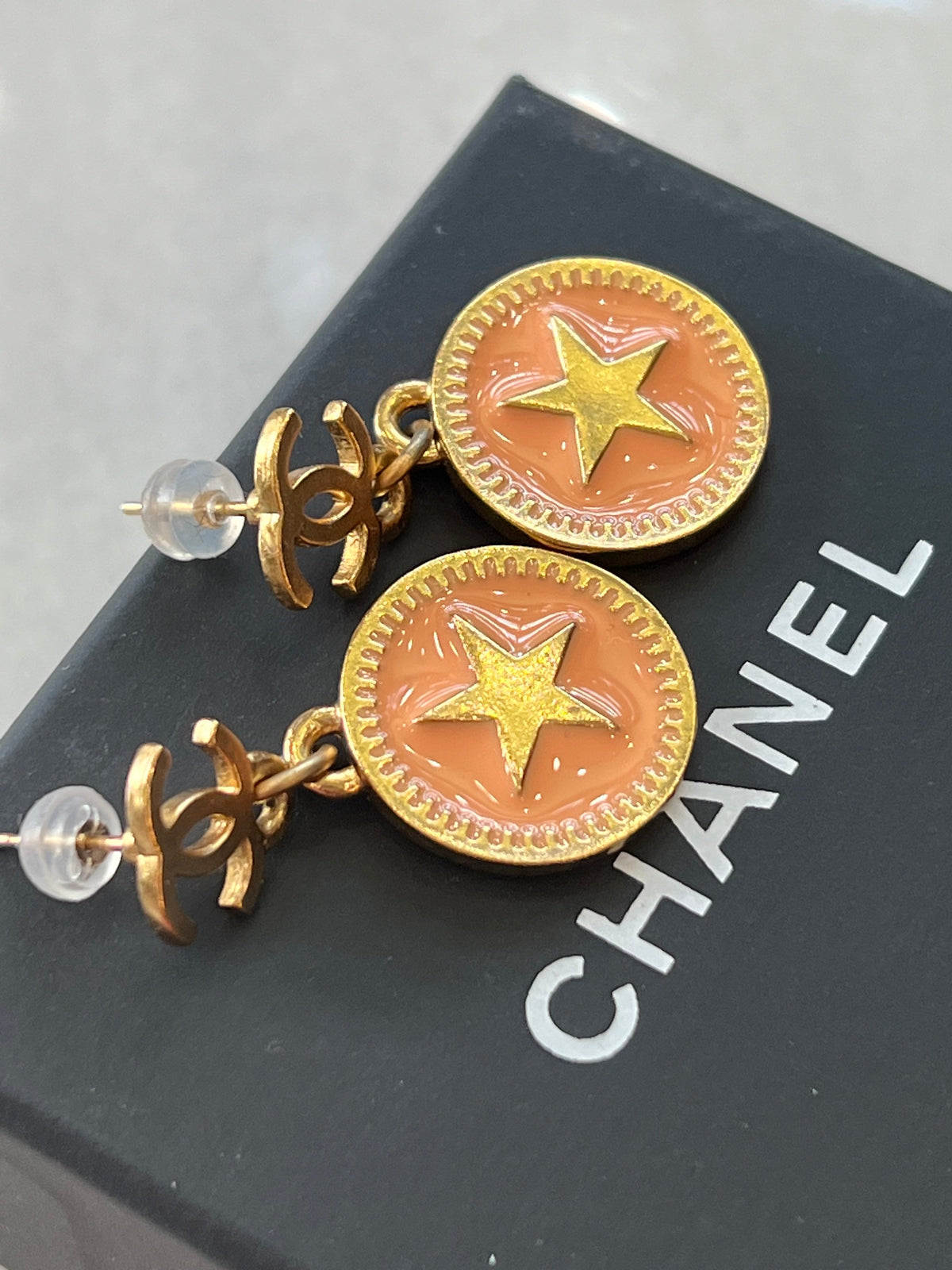 CHANEL CC STAR DANGLE ENAMEL EARRINGS