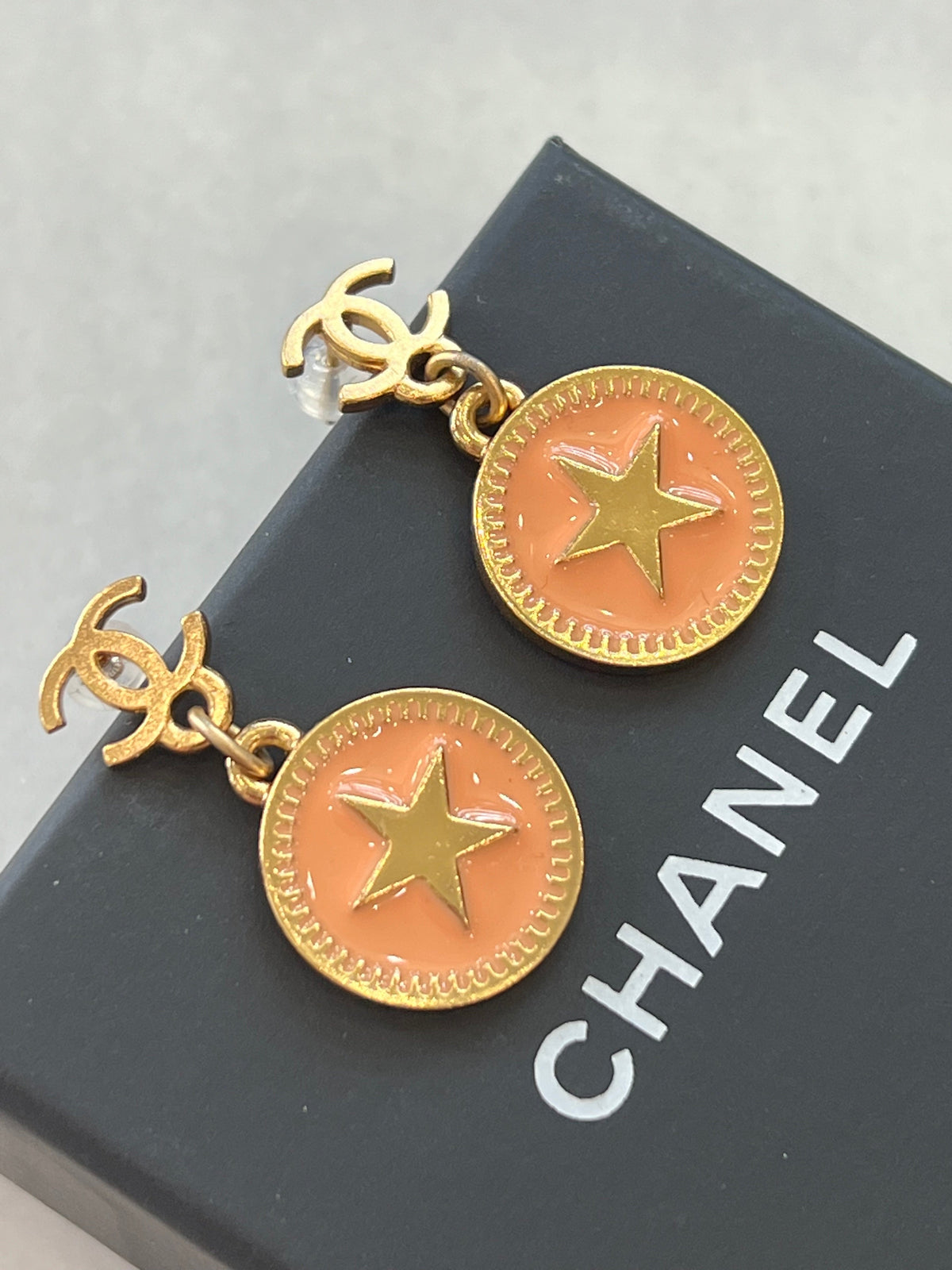 CHANEL CC STAR DANGLE ENAMEL EARRINGS