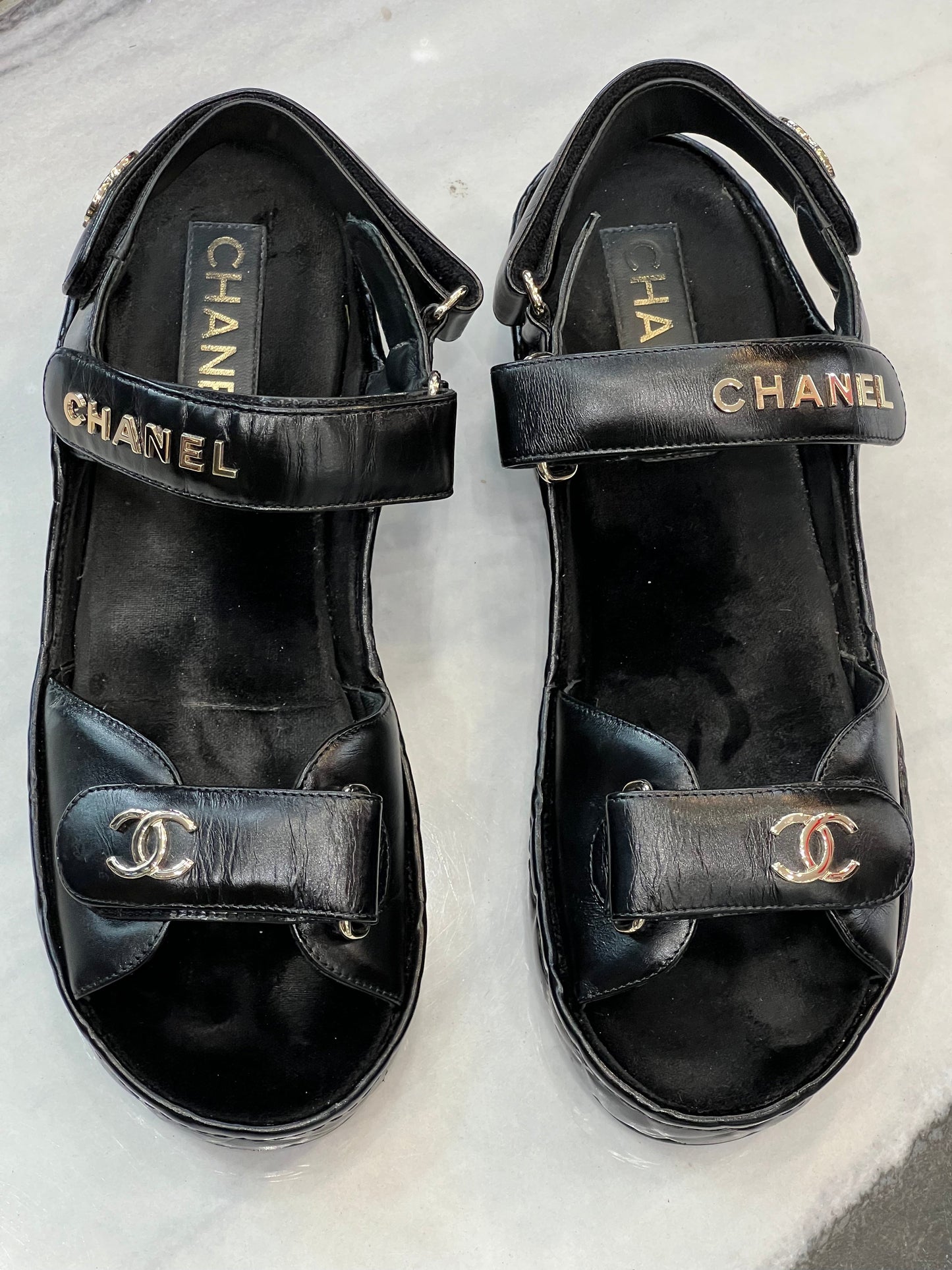 CHANEL CC LOGO VELCRO STRAP SANDALS