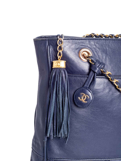Chanel CC Vintage Logo Quilted Leather Shopper Bag Navy Blue