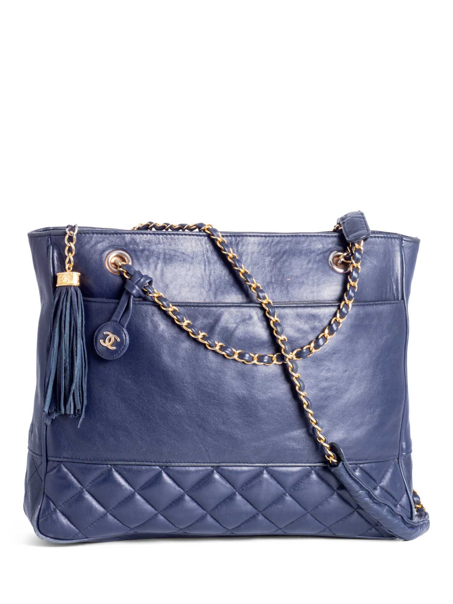 Chanel CC Vintage Logo Quilted Leather Shopper Bag Navy Blue