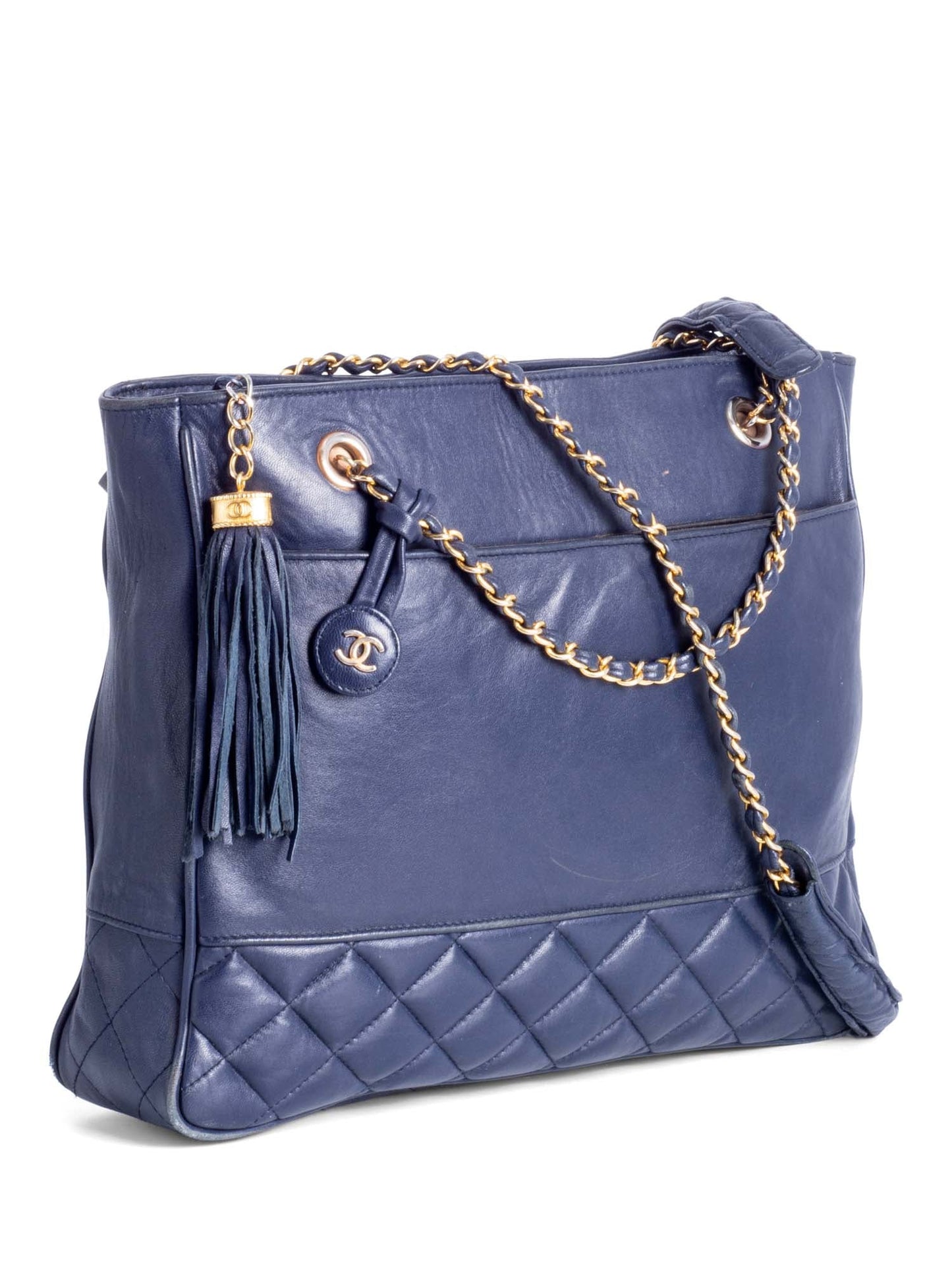 Chanel CC Vintage Logo Quilted Leather Shopper Bag Navy Blue