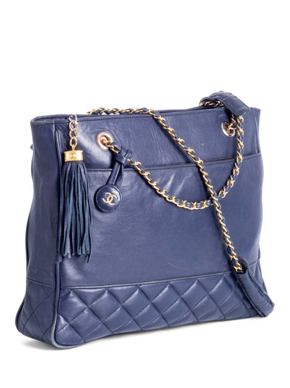 Chanel CC Vintage Logo Quilted Leather Shopper Bag Navy Blue