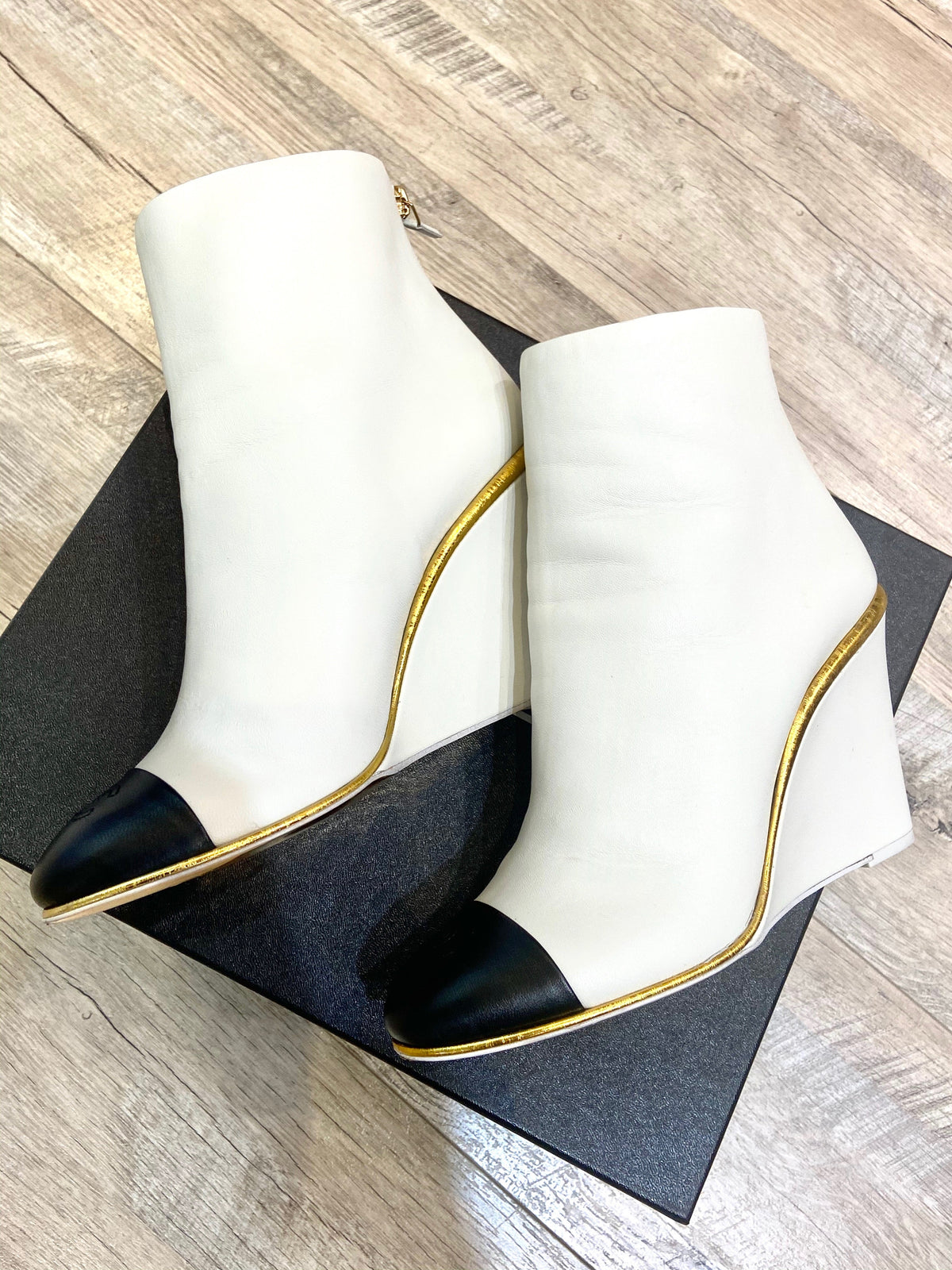 CHANEL CC WEDGE HEEL BOOTIES