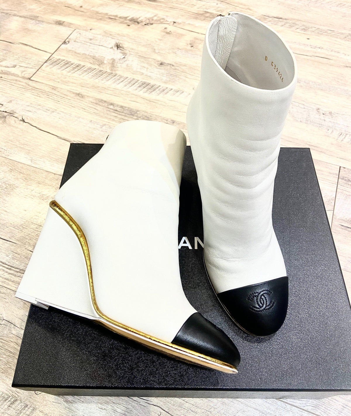 CHANEL CC WEDGE HEEL BOOTIES