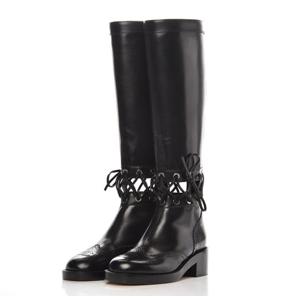 CHANEL CC CALFSKIN CROSS STITCH CUT OUT KNEE HIGH BOOTS