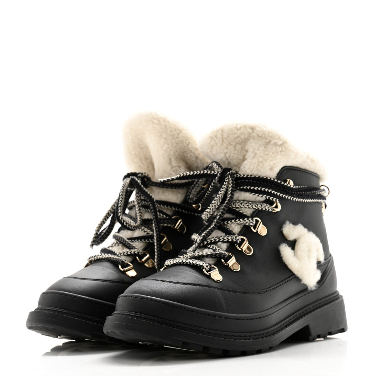 CHANEL CC CALFSKIN LEATHER SHEARLING LACE-UP BOOTS