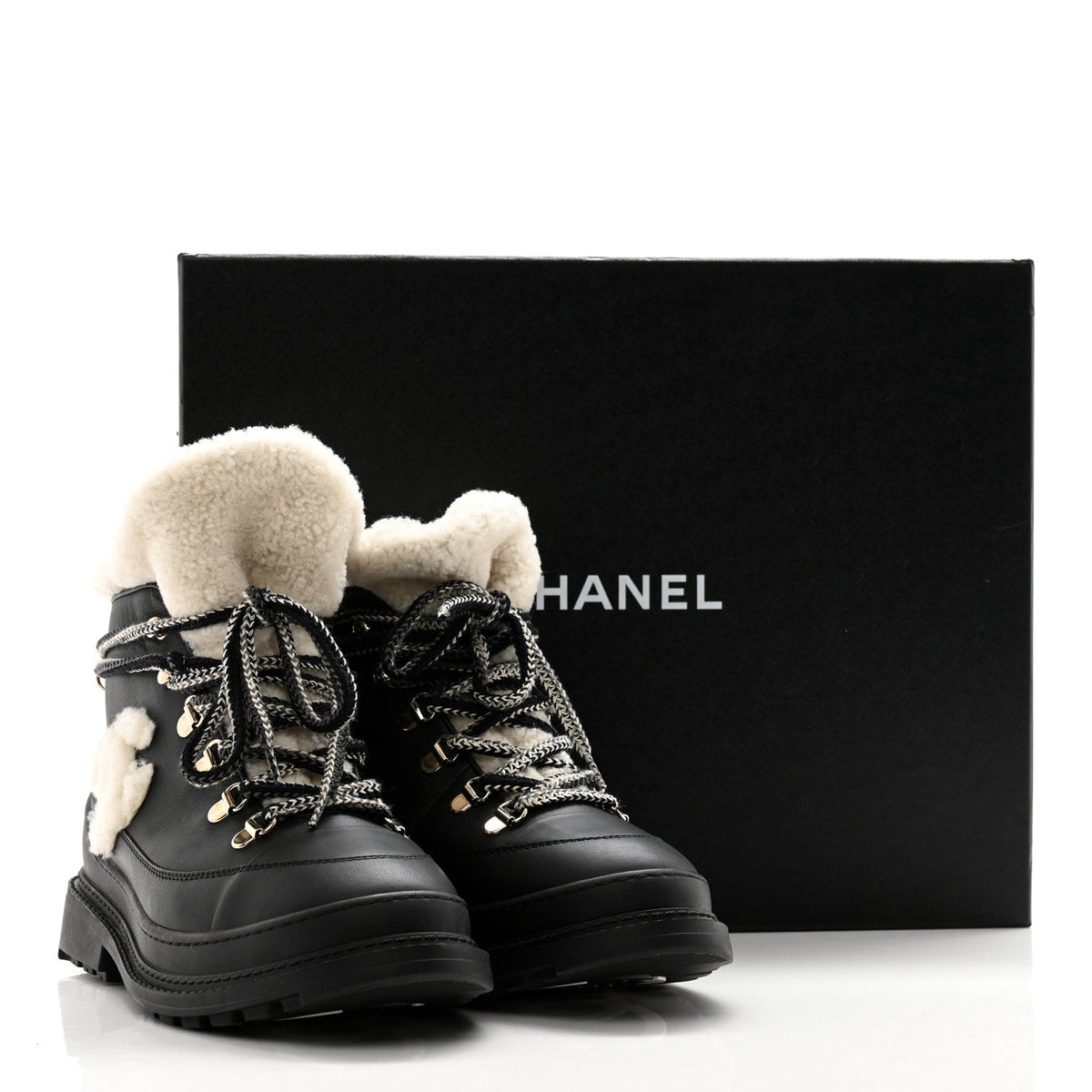 CHANEL CC CALFSKIN LEATHER SHEARLING LACE-UP BOOTS