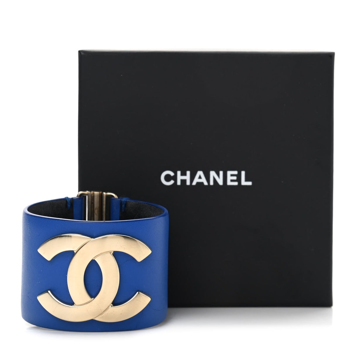CHANEL CC CALFSKIN LEATHER WIDE CUFF BRACELET