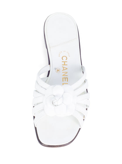 Chanel Cameilla Leather Slip On Strap Sandals White