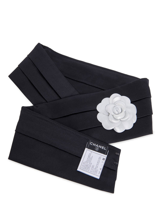 Chanel Camelia Pleated Satin Silk Belt Black