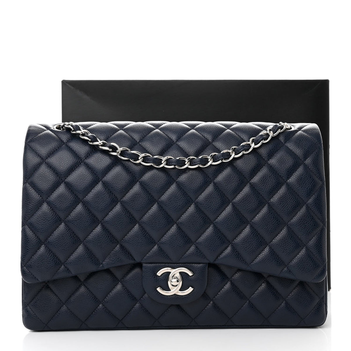 CHANEL CAVIAR QUILTED MAXI DOUBLE FLAP BAG IN NAVY