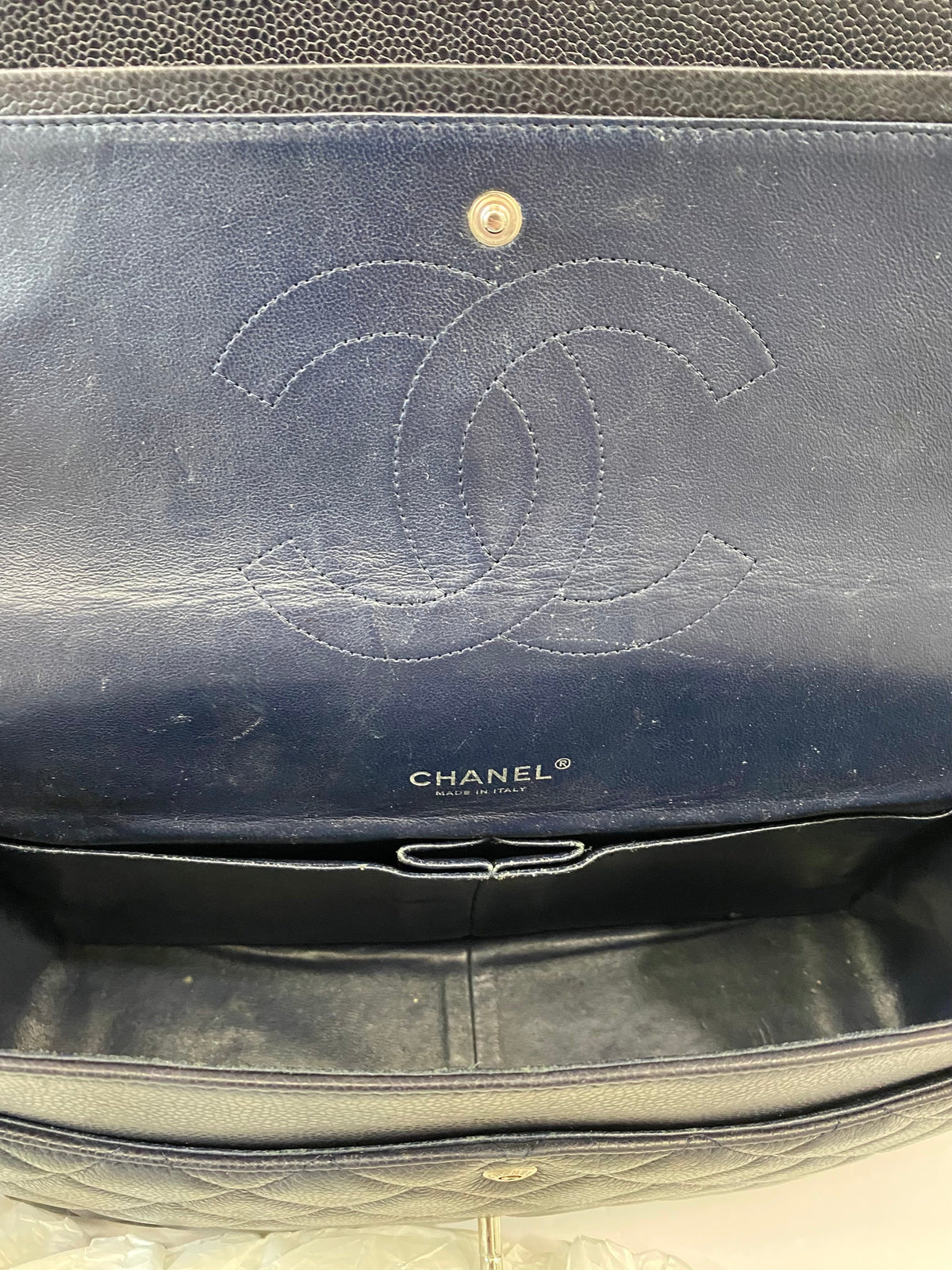 CHANEL CAVIAR QUILTED MAXI DOUBLE FLAP BAG IN NAVY