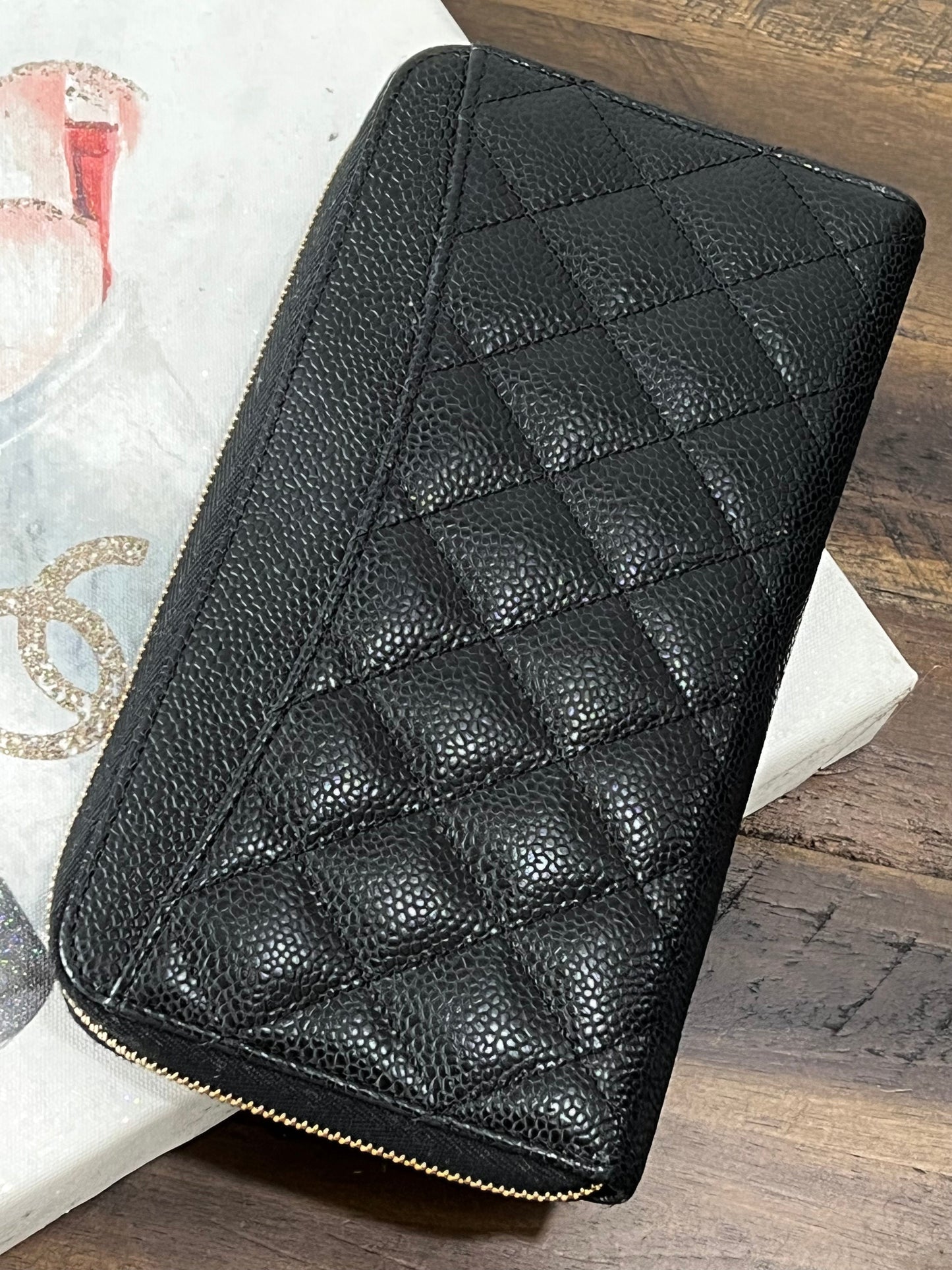 CHANEL QUILTED CAVIAR LARGE GUSSET ZIP AROUND WALLET