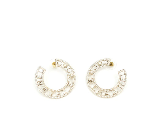 CHANEL CRYSTAL PEARL CC HOOP EARRINGS