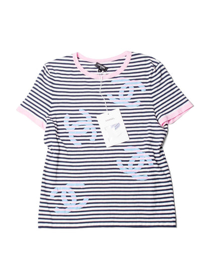 Chanel Cotton CC Logo Stripe La Pausa Top Blue Pink