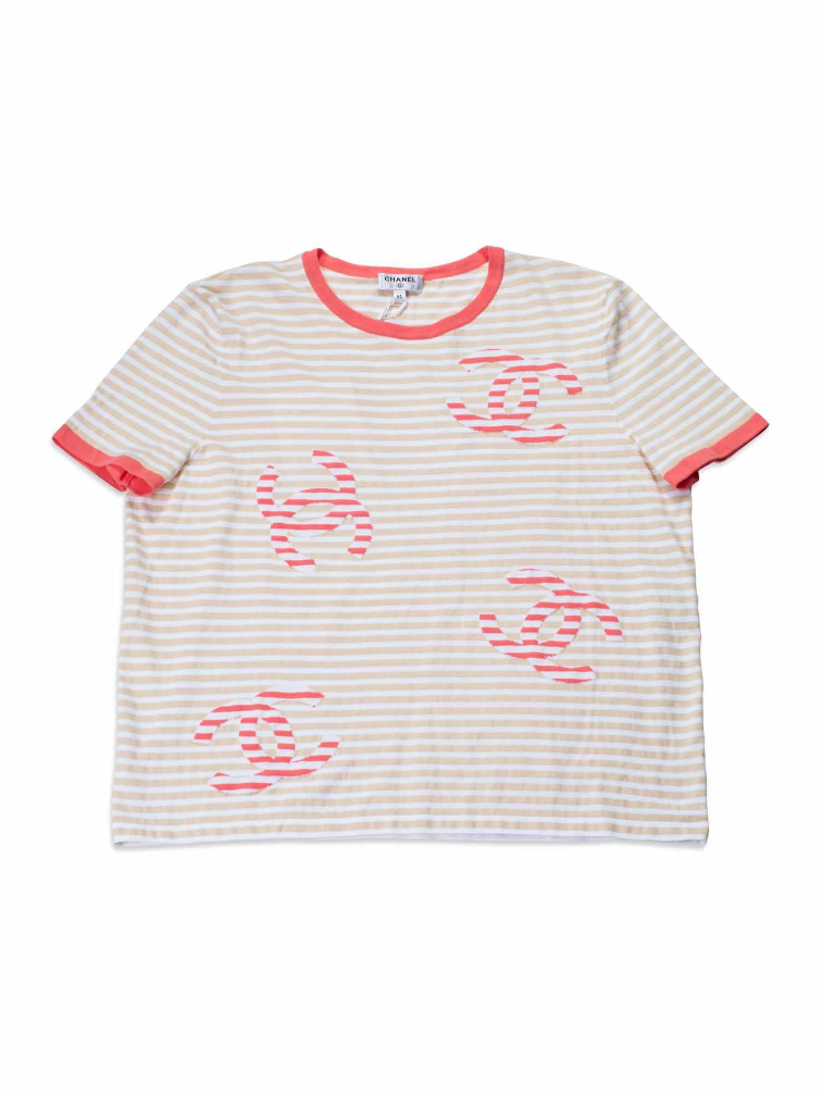 Chanel Cotton CC Logo Stripe Top Tan Pink EU