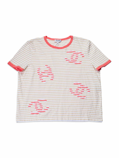 Chanel Cotton CC Logo Stripe Top Tan Pink EU