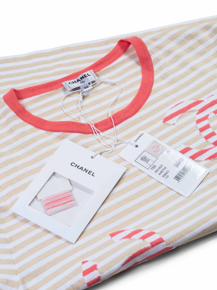 Chanel Cotton CC Logo Stripe Top Tan Pink EU