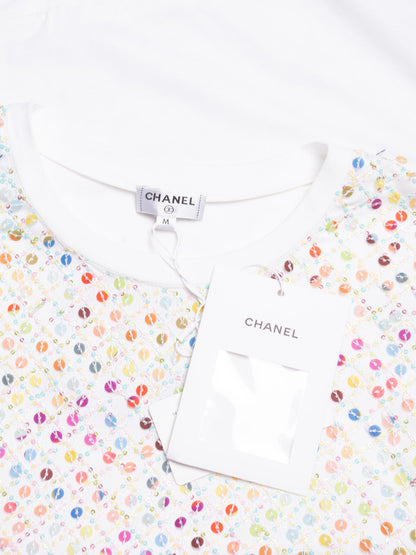 Chanel Cotton Sequin CC Logo La Pausa Top White