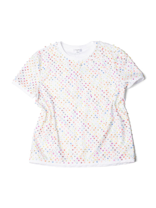 Chanel Cotton Sequin CC Logo La Pausa Top White