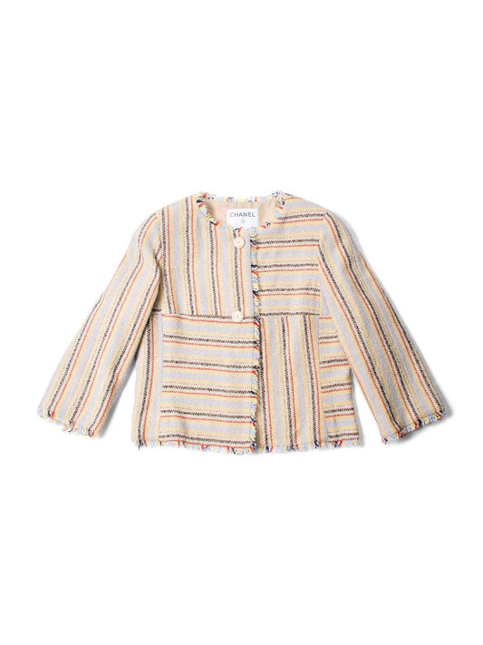CHANEL Cotton Tweed Fringe Striped Jacket Multicolor-designer resale