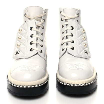 CHANEL CRAKLED CALFSKIN LEATHER PEARL CHAIN CC COMBAT BOOTS