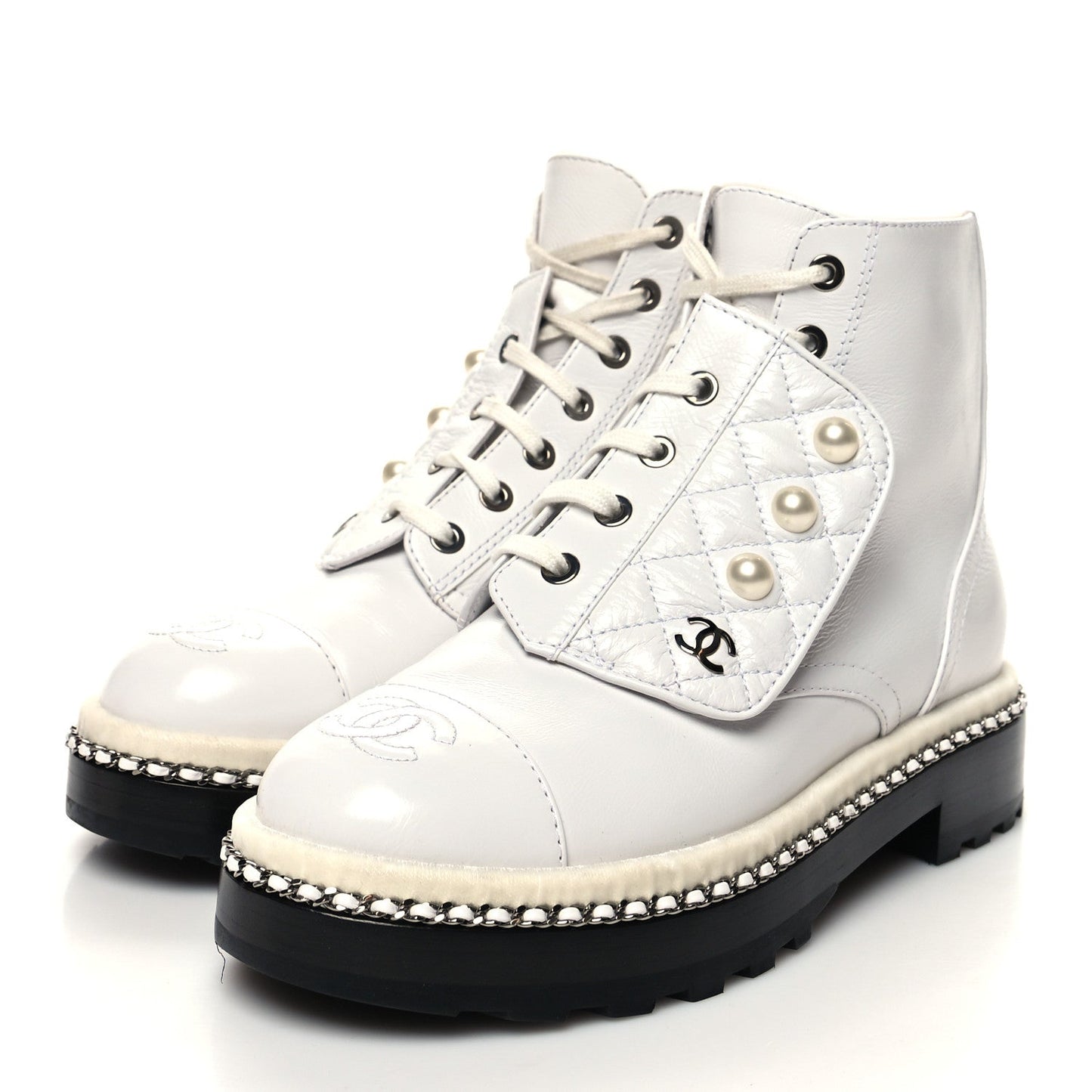 CHANEL CRAKLED CALFSKIN LEATHER PEARL CHAIN CC COMBAT BOOTS
