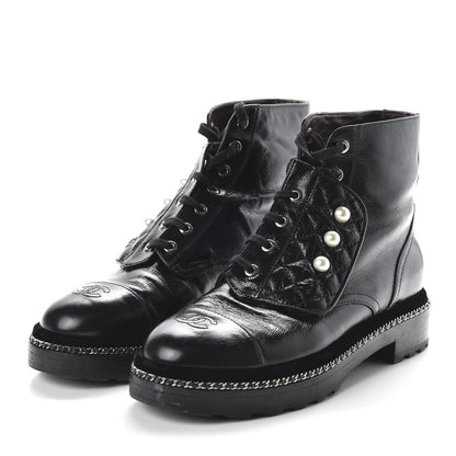CHANEL CRACKLED CALFSKIN LEATHER VELVET PEARL COMBAT BOOTS