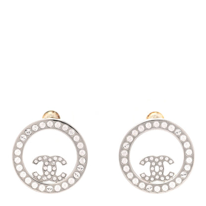 CHANEL CC CRYSTAL ROUND SILVER STUD EARRINGS