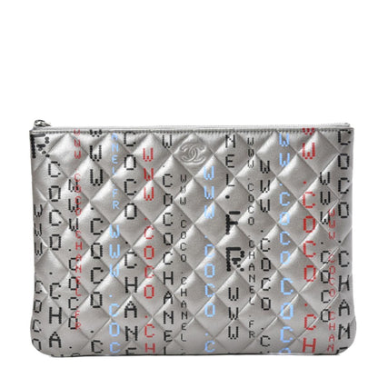 CHANEL METALLIC SILVER QUILTED LAMBSKIN PRINTED DATA CENTER O CLUTCH-HS