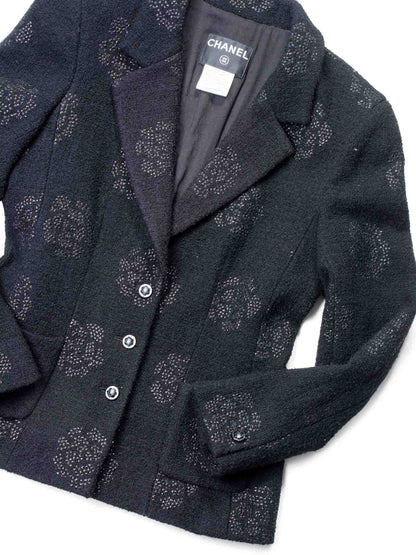 Chanel Fantasy Tweed Camellia Flower Embroidered Jacket Black