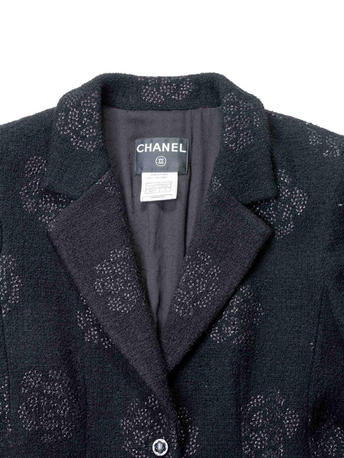 Chanel Fantasy Tweed Camellia Flower Embroidered Jacket Black