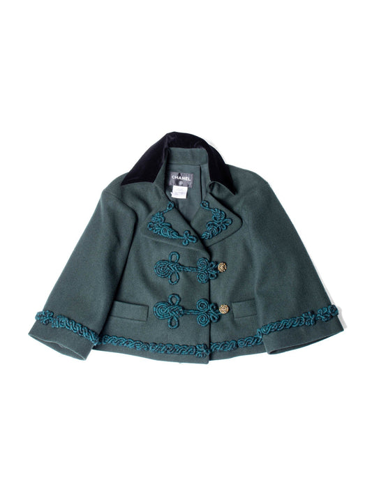 CHANEL Haute Couture Gripoix Embroidered Wool Velvet Cropped Jacket Green-designer resale