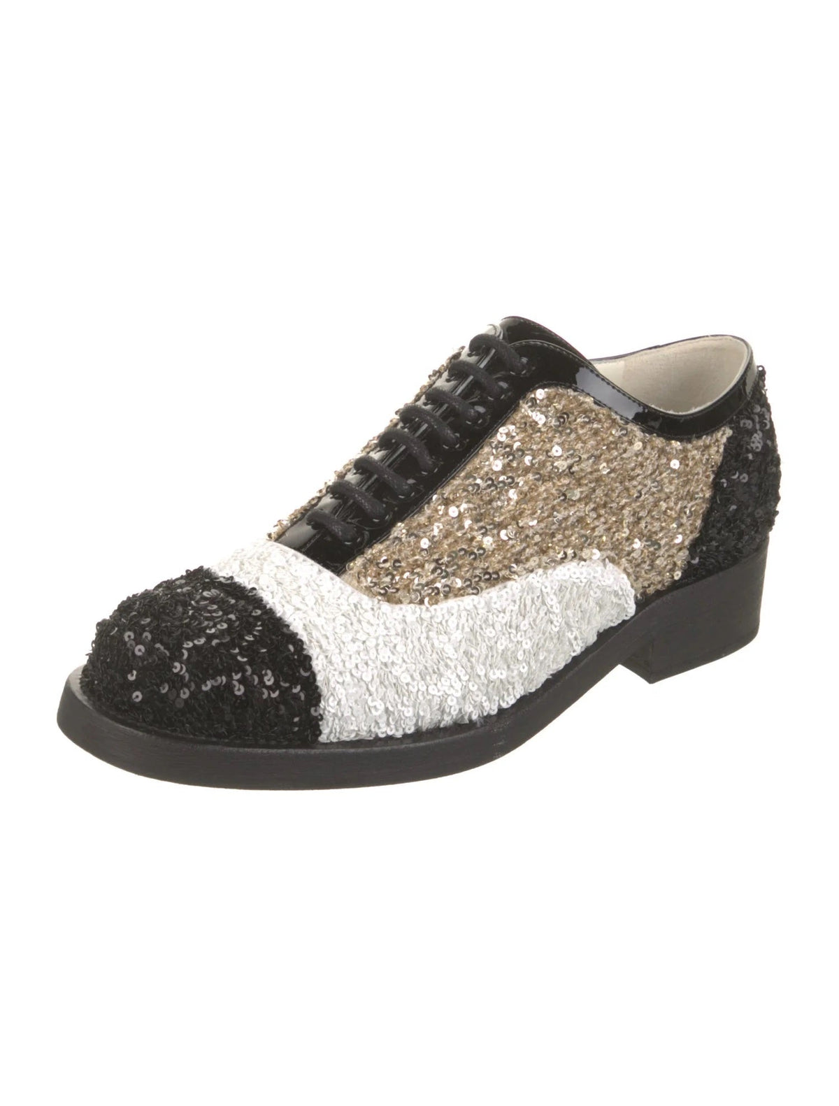 CHANEL INTERLOCKING CC LOGO SEQUIN EMBELLISHED OXFORDS