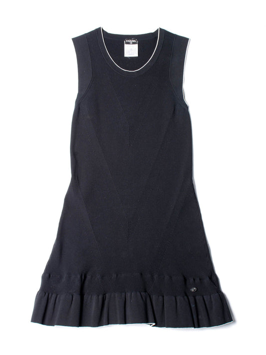 CHANEL Knitted CC Logo Ruffled Mini Dress Navy Blue-designer resale